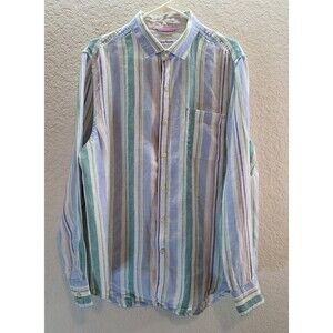 Tommy Bahama Linen Shirt Women’s Large Blue Green Striped Button Front Top